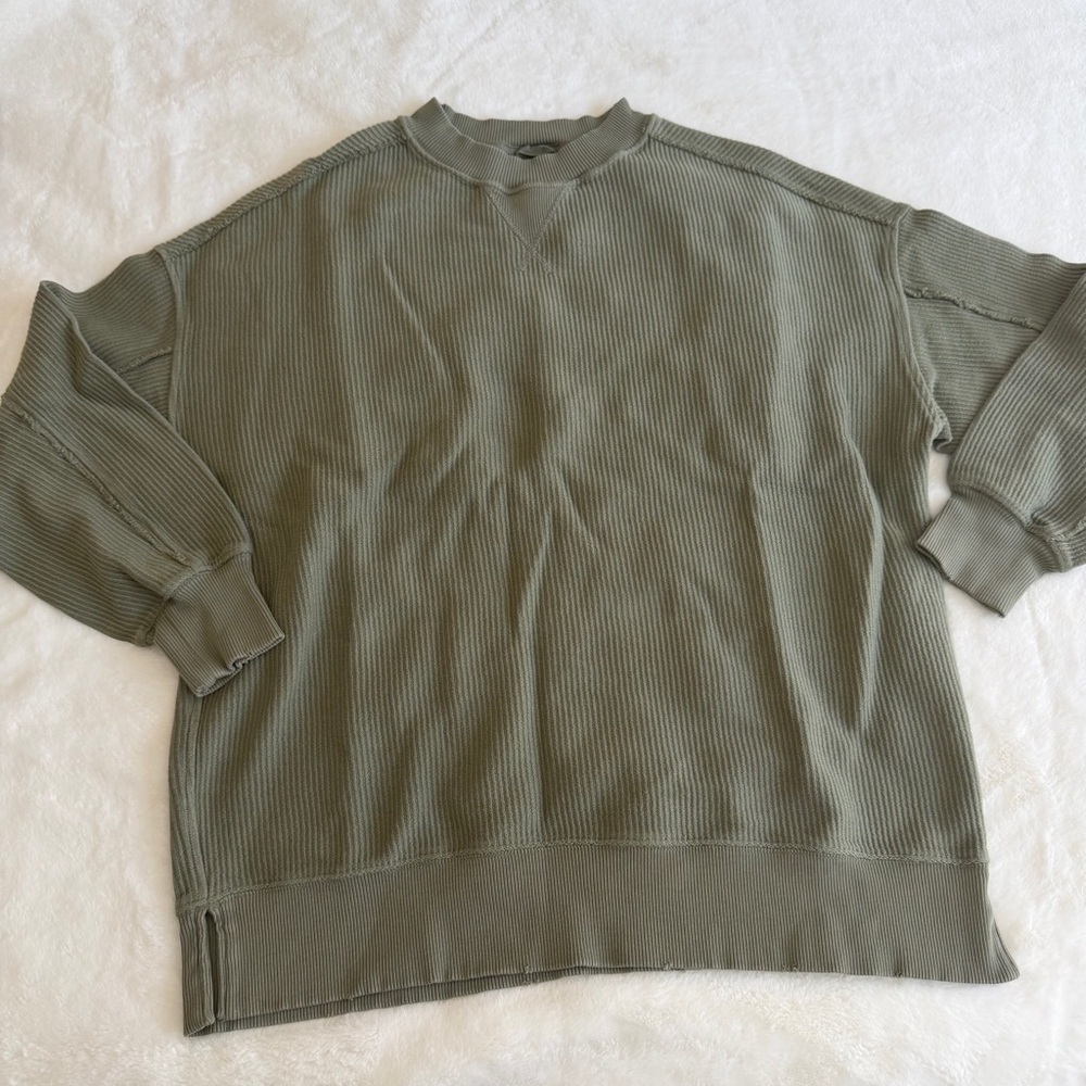 Aerie Crewneck Sweatshirt Oversized Green Ribbed Size XS